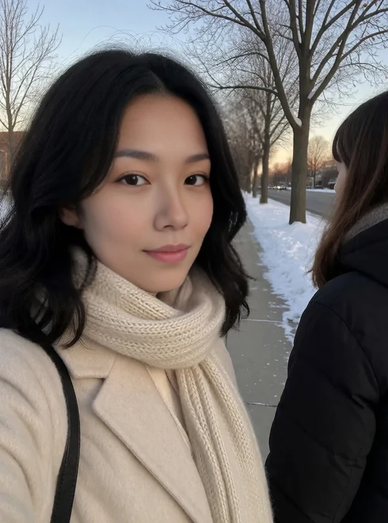 Aina - Aina on a snowy sidewalk in a cream coat and scarf, stepping past bare trees; ov