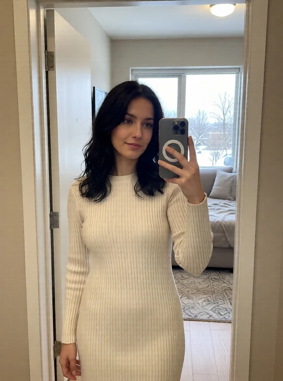 Amal - Apartment doorway, winter morning; Amal in knit dress, holding Basra, selfie, sl