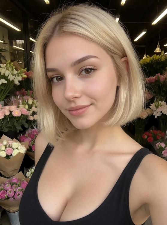 Amara - portrait in a flower shop among bouquets, soft daylight, gentle smile