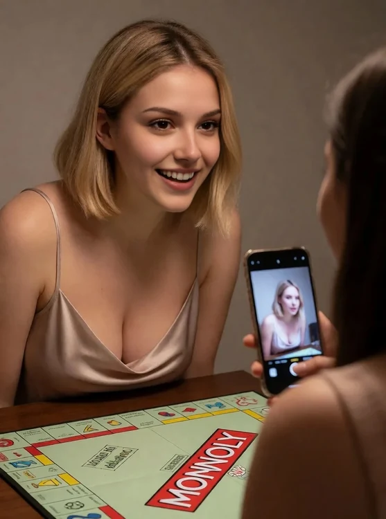 Amara - Board games night: Amara in a silk camisole leans in laughing at Monopoly; over-