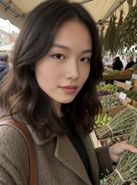 Asha - Over-the-shoulder at a farmers market; Asha in earthy coat, choosing dried herbs