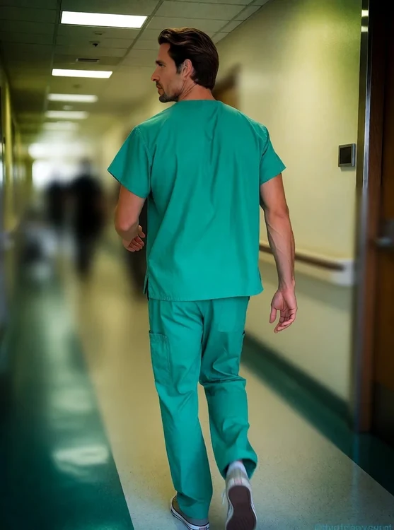 Caleb - Full-body hospital corridor, green scrubs and sneakers, walking fast, phone shot