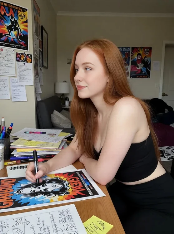 Carmen - Cramped apartment: Carmen portrait leaning on desk, sketching a gig poster, mark