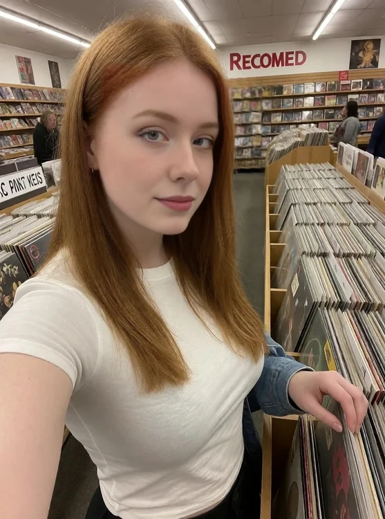 Carmen - Record store aisle: Carmen half-body selfie, digging through vinyl crates, brigh