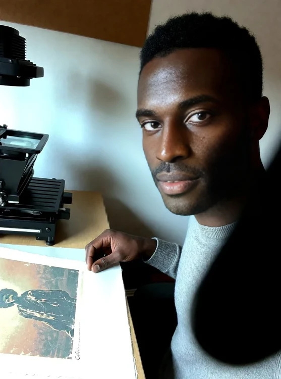 Cedric - Selfie-style, Cedric at his desk with enlarger, wearing a gray sweater, softly a