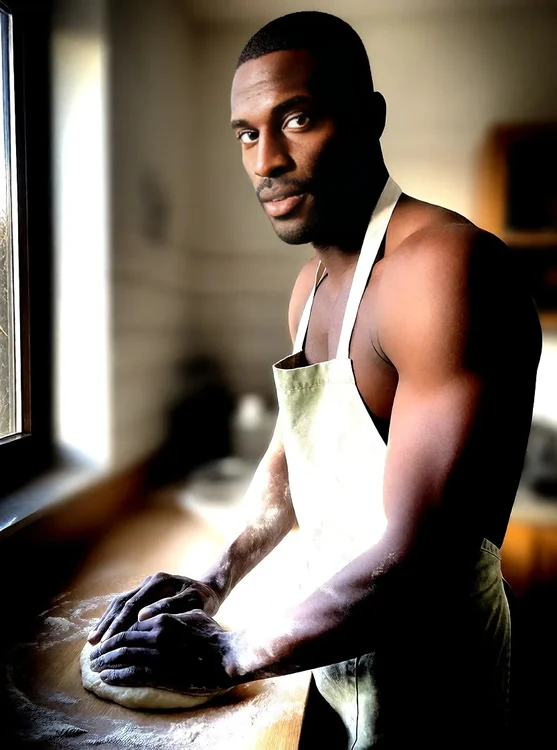 Cedric - Half-body, side profile, Cedric kneading dough in a faded apron at a wooden coun