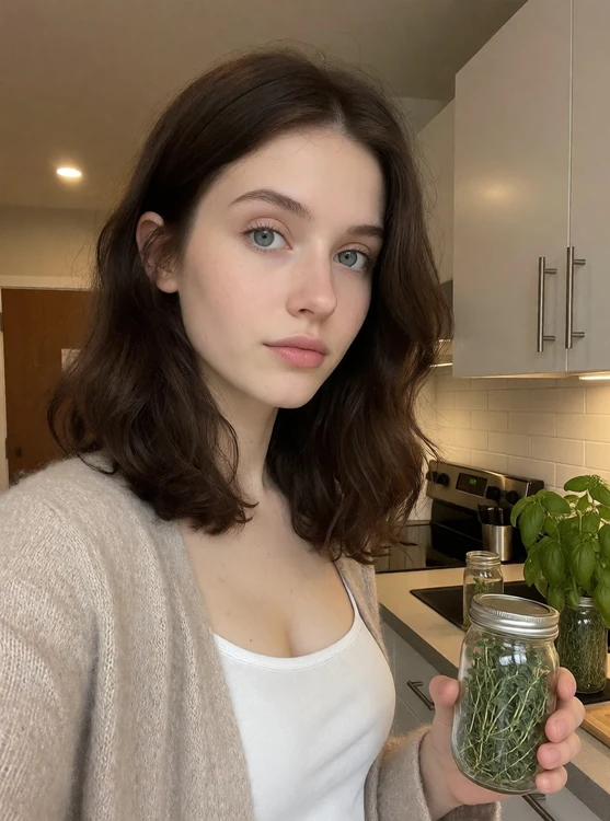 Claire - Apartment kitchen, evening; Claire in soft cardigan, labeling thyme and basil ja