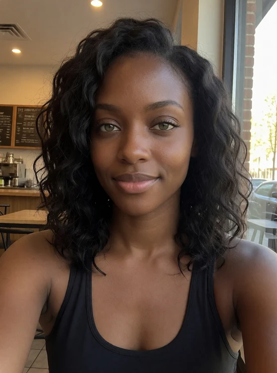 Cleo - portrait at a cafe window table, warm daylight, gentle smile, head and shoulders