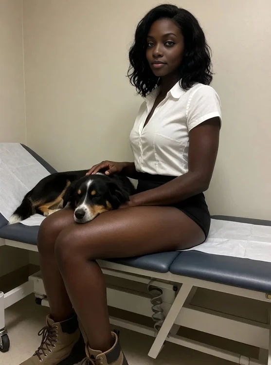 Cleo - Full-body from the side at a clinic exam room; crisp shirt, practical boots; Cle