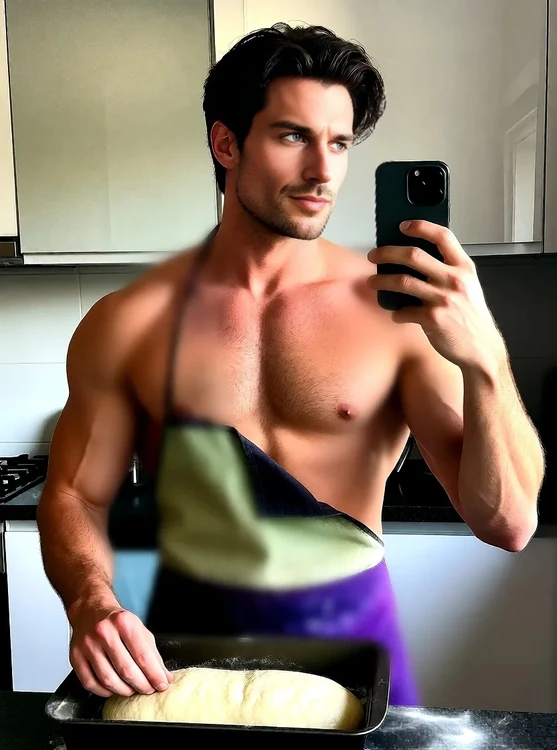 Cyrus - Tiny kitchen, Cyrus checking dough in a baking pan, apron on, mirror selfie, loo