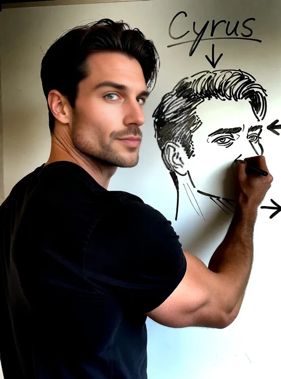 Cyrus - Whiteboard wall, Cyrus sketching a system flow in a dark tee, half-body, shot fr