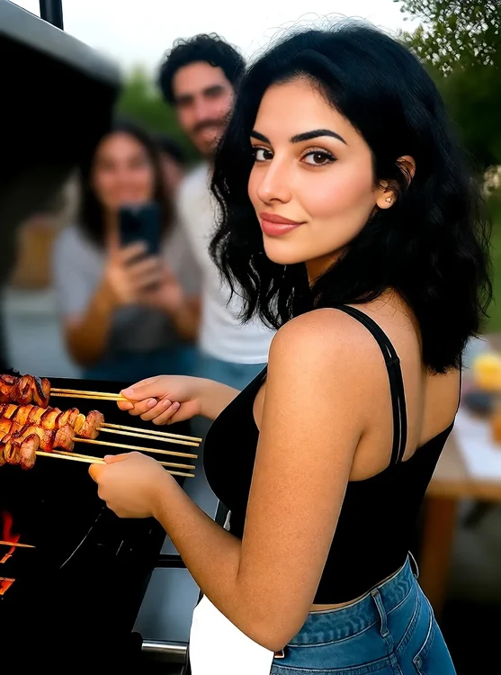 Dalia - BBQ party: Dalia flipping skewers, back view, photo taken by friends behind her.