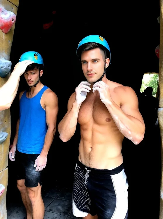 Dante - Dante adjusts his helmet at a climbing wall entrance, chalk on hands; friend’s p