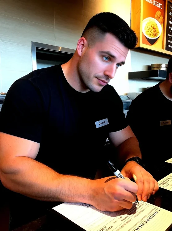 Dante - Dante leans over a restaurant pass ticket at his station, writing with a marker;