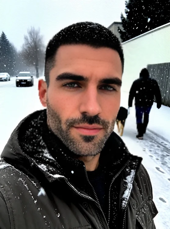 Dante - Snowy street, Dante in thick jacket, walking with dog, snowflakes in the air, ca
