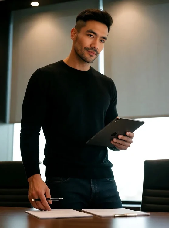 Davian - Mid-meeting: Davian stands with tablet, pen in hand, slight smirk, low angle fro
