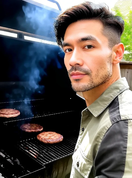 Davian - Friends bbq: Davian flips burgers, charcoal smoke, casual button-up sleeves roll