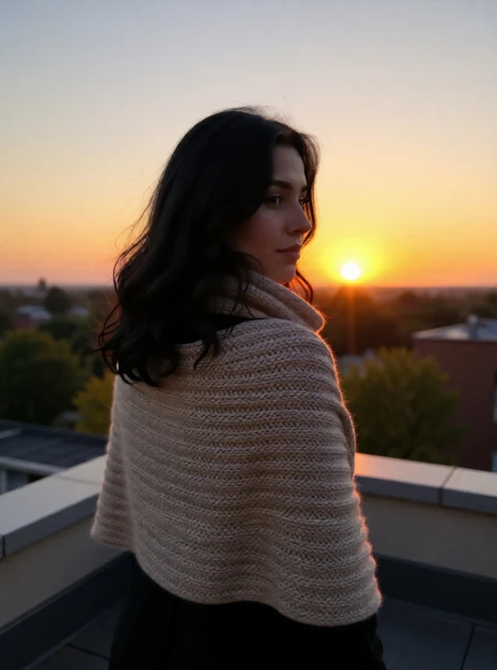 Dina - Small rooftop terrace, knit wrap, Dina watching sunset; low angle, from behind.