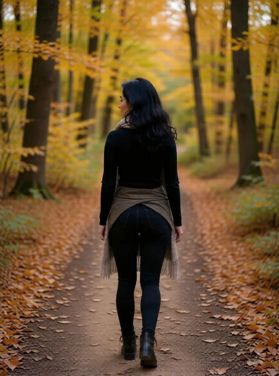 Dina - Forest trail, earthy set, Dina pausing on a path; full-body, taken from behind.