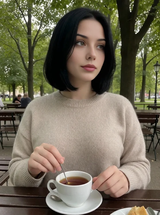 Elara - Half-body in a park café; she stirs her tea, soft sweater, candid glance to the 