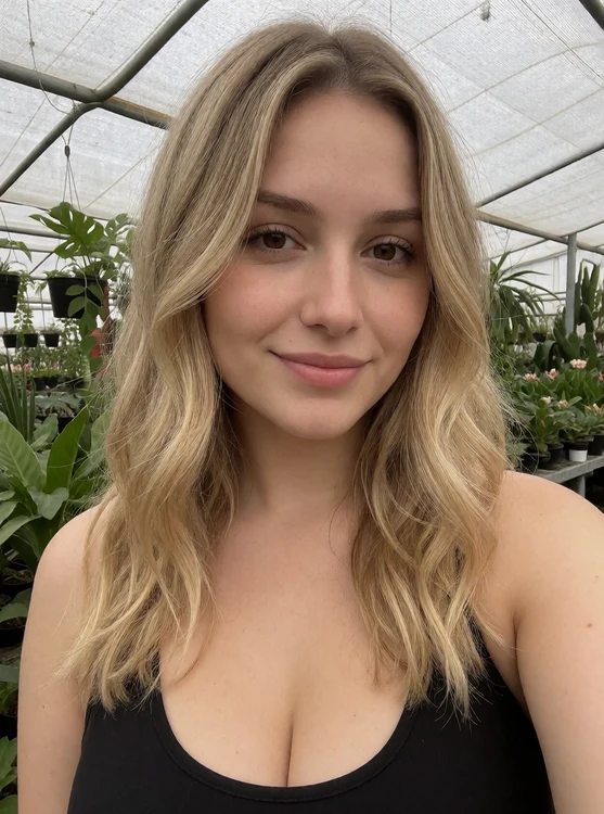 Elena - portrait in a greenhouse full of plants, soft diffused light, warm smile