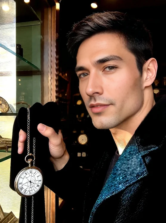 Elias - Antique shop counter: Elias in dark coat tags a cracked pocket watch, side portr