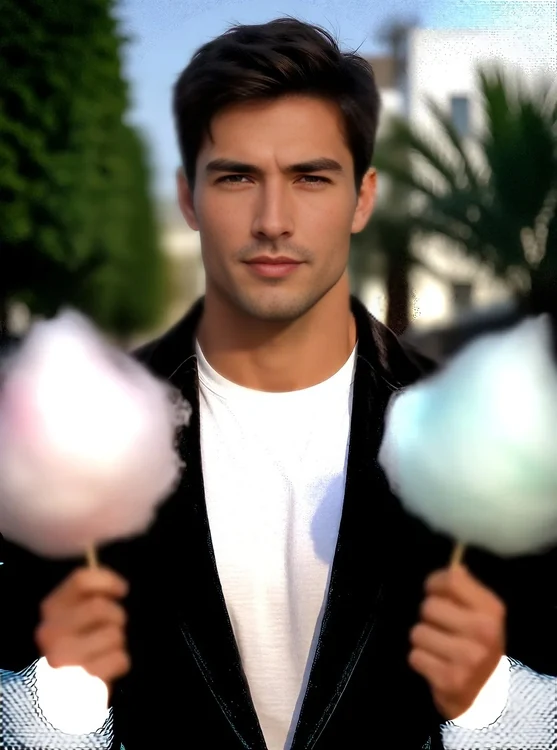 Elias - Night fair: Elias in velvet jacket holds two cotton candy, candid from behind.
