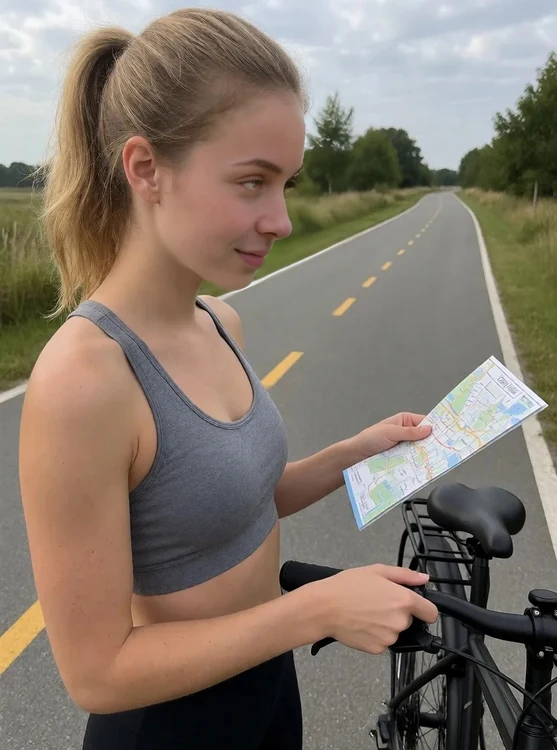 Elle - Coastal bike path; she pauses to lock bike, glancing down at map, side profile.