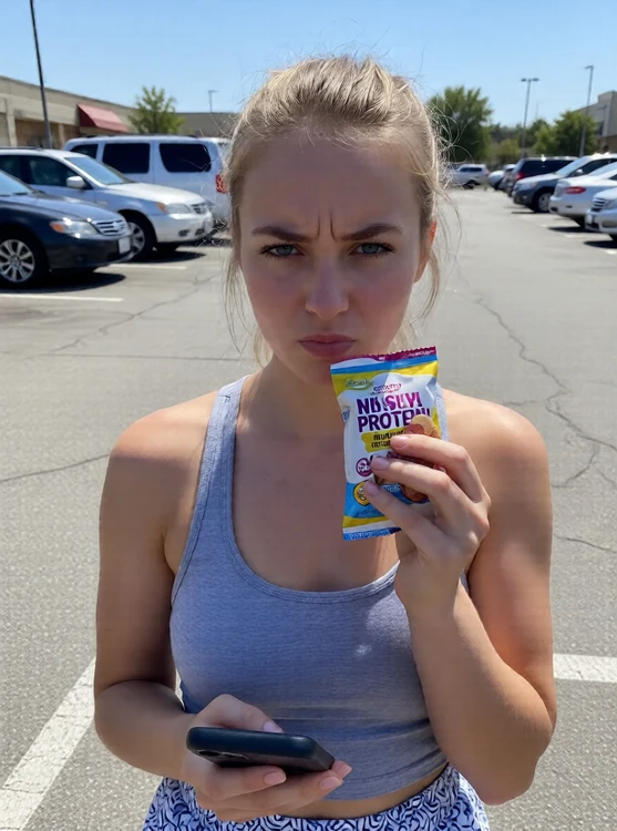 Elle - Parking lot; she samples a new protein bite, frowning playfully, phone held low.