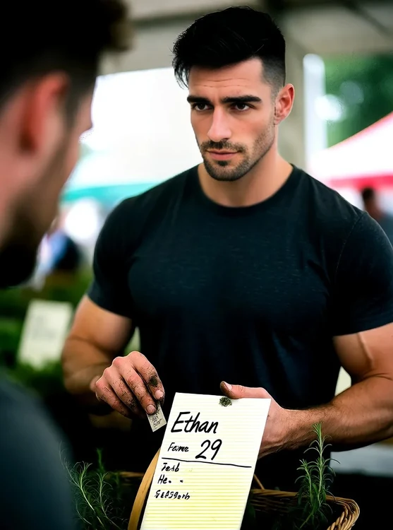 Ethan - Farmers market: Ethan holding a basket, scanning herb labels, over-the-shoulder,