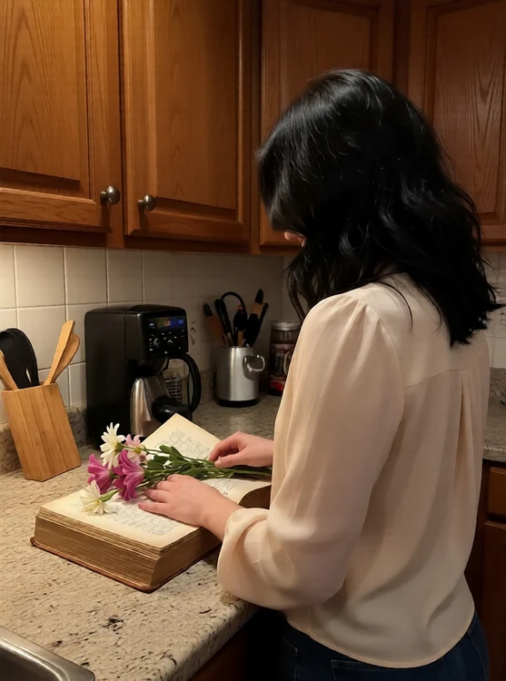 Evelyn - Small kitchen counter, evening; pale blouse, pressing flowers between pages of a