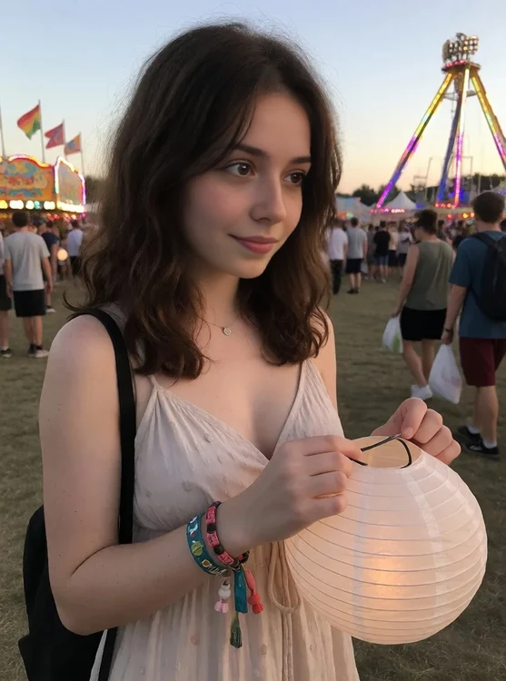 Faye - Festival midway, wide shot: Faye in pale dress, clutching a paper lantern, looki
