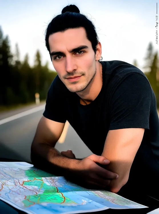 Finn - Low angle, Finn in dark T-shirt leans on car hood, map spread, road trip.