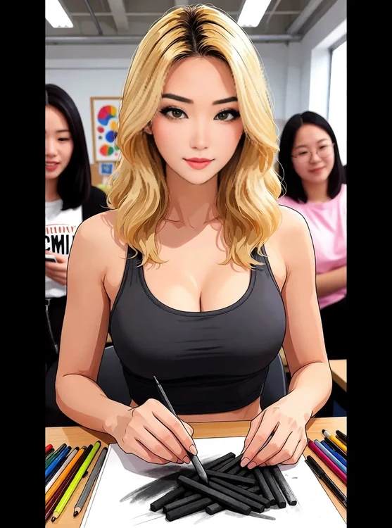 Hana - At the art club desk, charcoal and pens around her, candid waist-up shot taken b