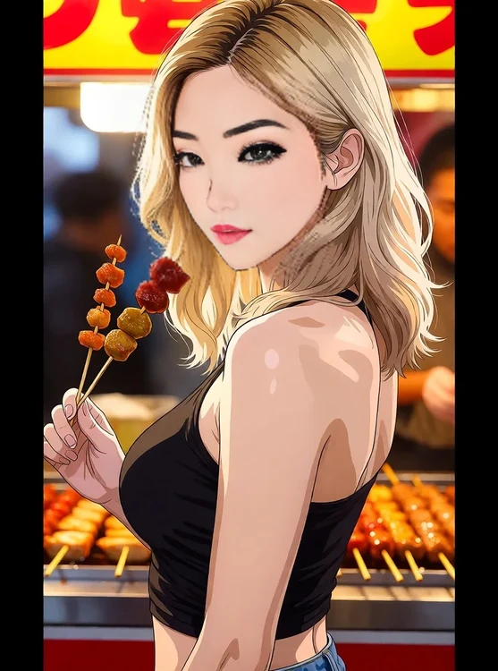 Hana - At a street food stall, holding a skewer, half-body shot from behind her shoulde