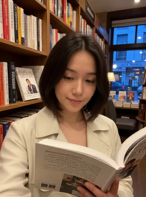 Hana - Local bookstore poetry shelf, evening; she in light jacket, reading a cover; sel
