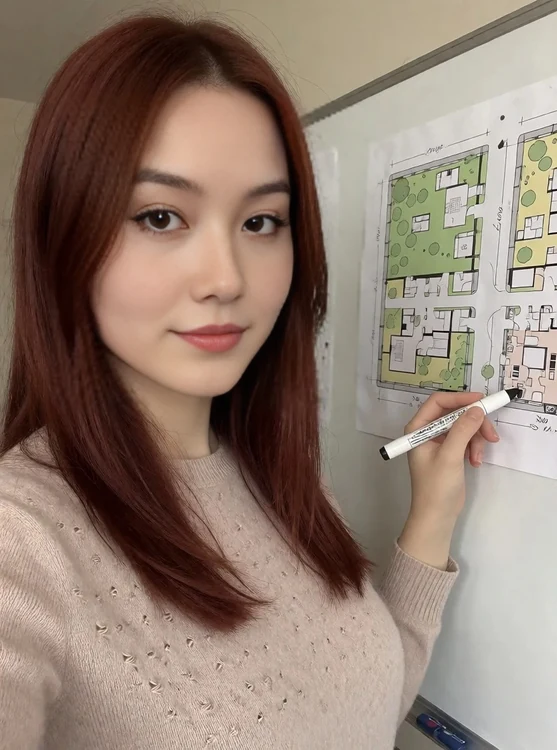 Hanae - Selfie in front of a whiteboard with property maps; Hanae in a soft sweater, mar