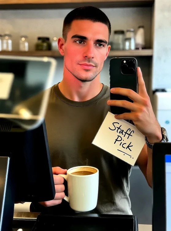 Hugo - Mirror selfie behind the till, Hugo holding a coffee mug and a handwritten “Staf