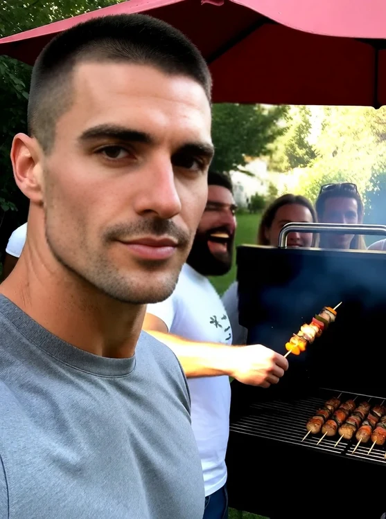 Hugo - Friend shot at a backyard BBQ: Hugo tossing a skewer toward a grill, laughing wi