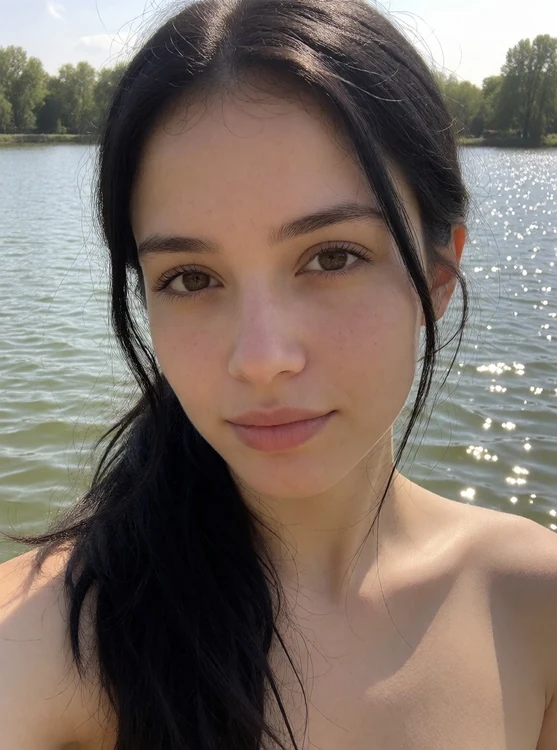 Isla - portrait by a lake, sparkling water behind, loose hair, natural light