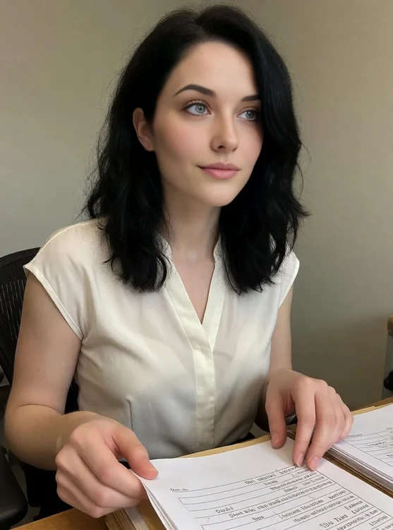 Isla - Desk photo by coworker: Isla in a neat blouse, organizing tax files, looking awa