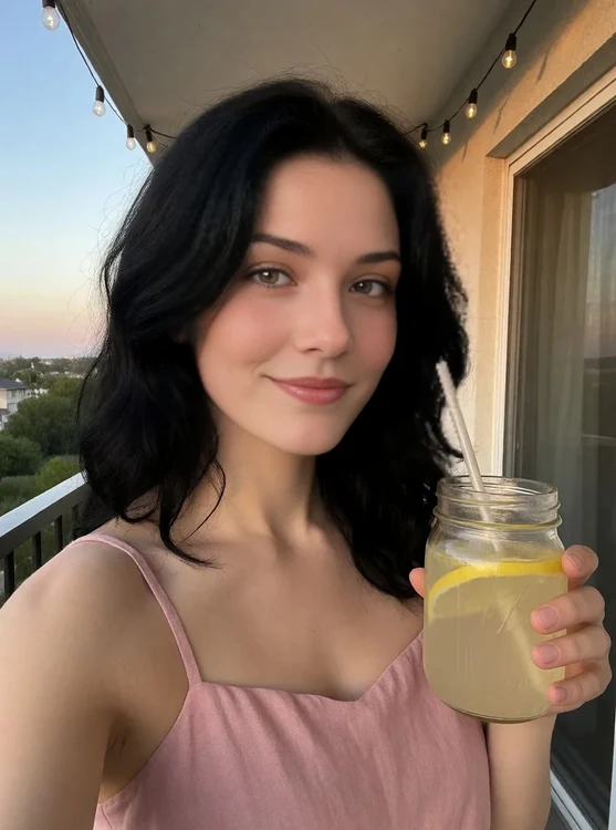 Ivy - Half-body selfie on her balcony at golden hour, pink linen top, holding a mason 
