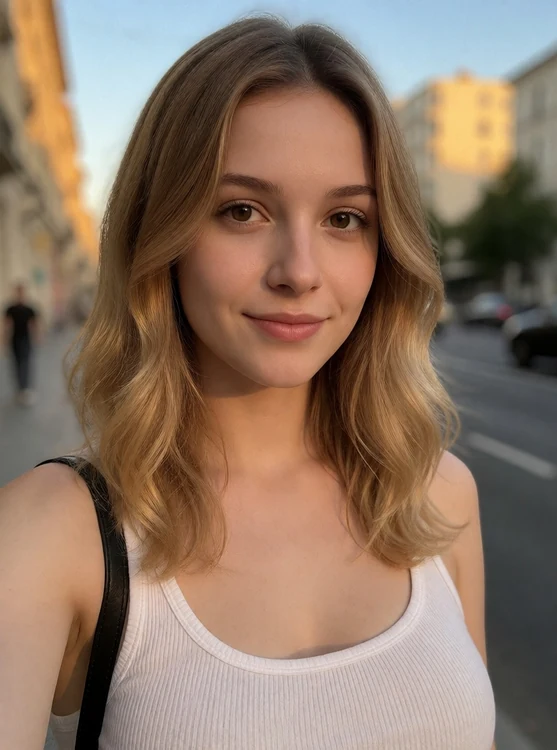 Jade - portrait looking at the camera, soft smile, golden hour city street, blurred bac