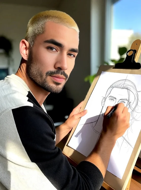 Jett - Jett sketching a client’s design in his sunlit studio, sleeves rolled; half-body