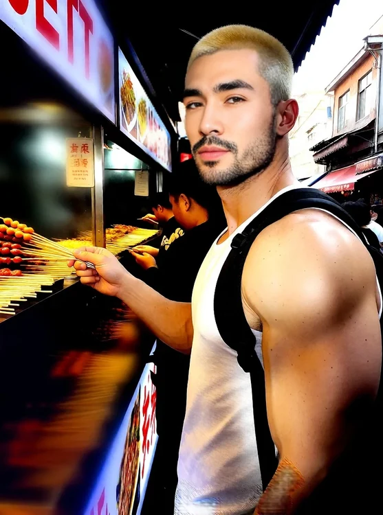 Jett - Jett choosing skewers at a busy street food stall; half-body, side profile, frie