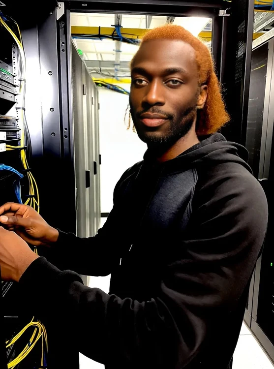 Jules - Data-center aisle: Jules adjusting a cable, hoodie sleeves pushed, taken by cowo