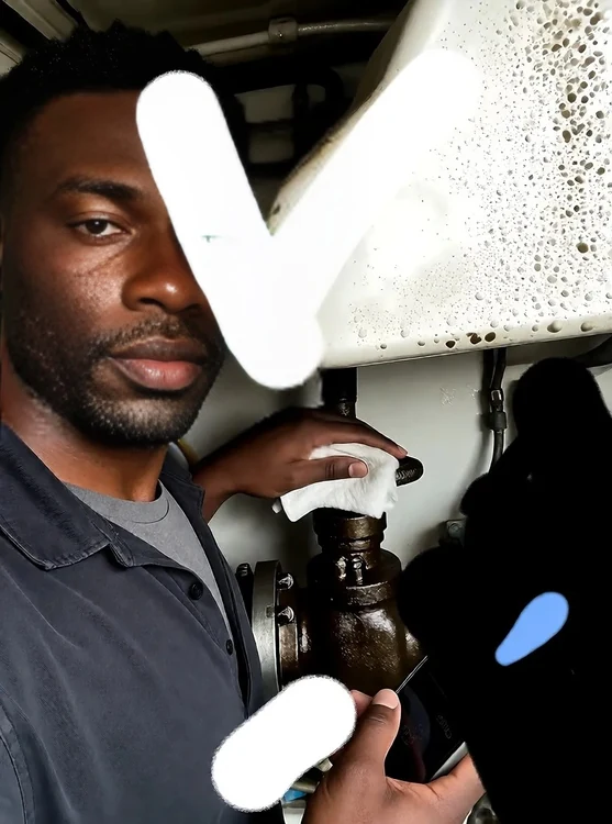 Kade - Selfie: Kade, sleeves rolled, wiping grease from a valve while checking phone, e