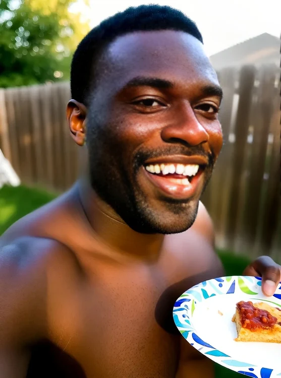 Kade - Friend’s photo: Kade laughing at a backyard BBQ, holding paper plate, half-body.