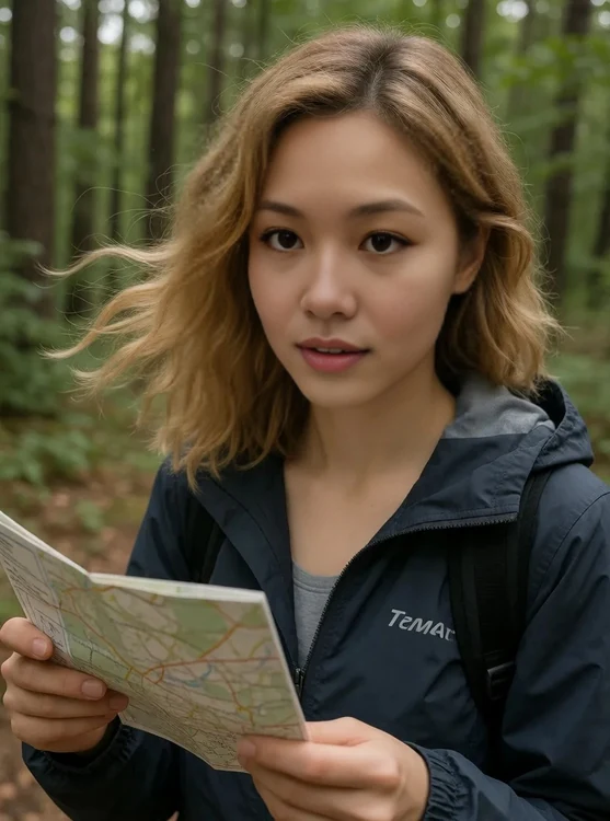 Kae - Forest trail: she checks her map, windblown jacket, low-angle from a friend.