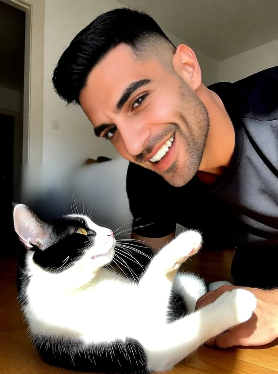 Kael - playing with a cat on a wooden floor, home clothes, portrait, laughing